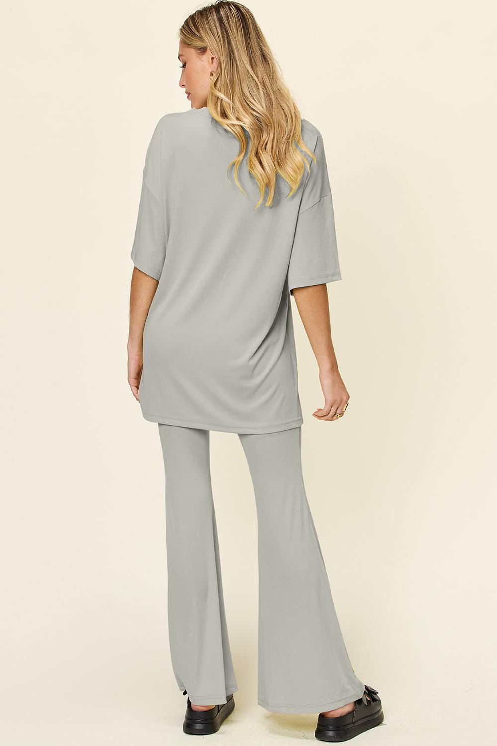 Round Neck Drop Shoulder T-Shirt and Flare Pants Set