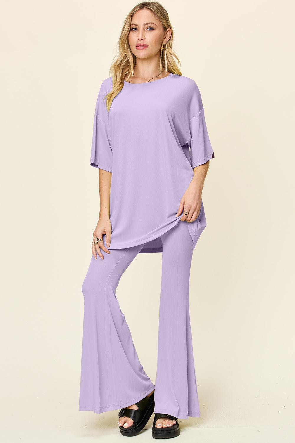 Round Neck Drop Shoulder T-Shirt and Flare Pants Set