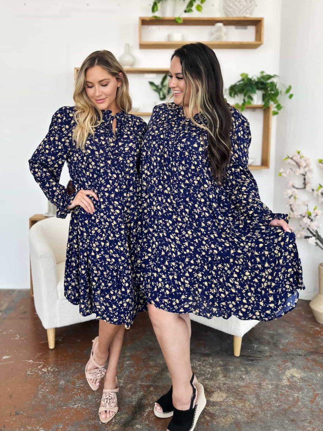 Printed Ruffle Hem Long Sleeve Tiered Dress