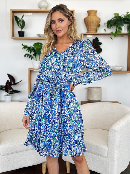 Printed Drawstring Waist Long Sleeve Dress