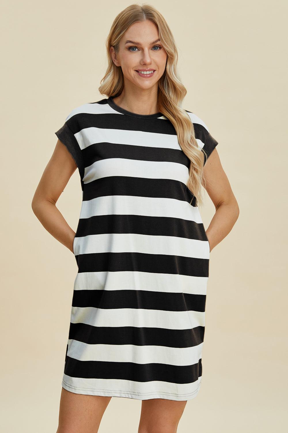 Striped Round Neck Cap Sleeve Mini Dress