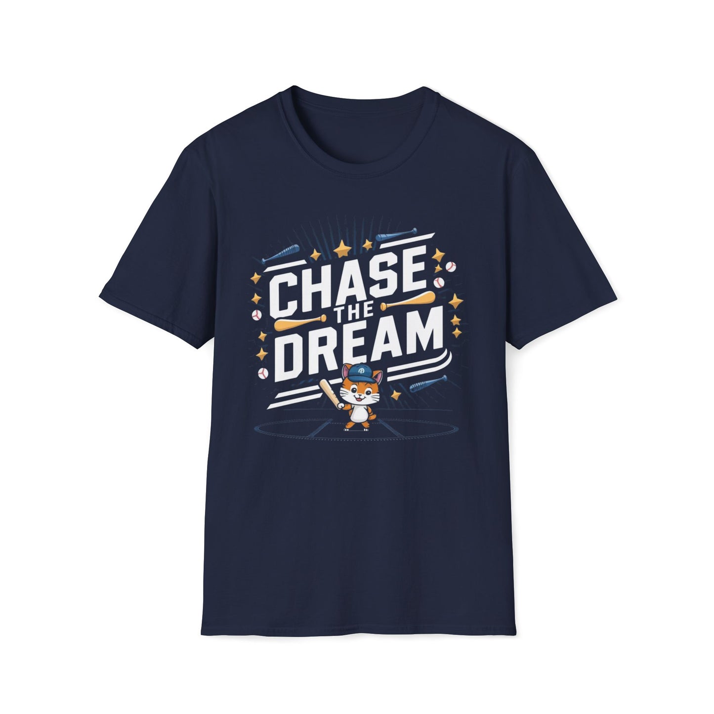 Men's T-Shirt Chase The Dreams Baseball Player Short Sleeves Casual Regular Fit Cotton Funny Cat Baseball Tee