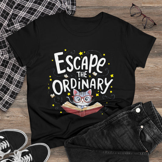 Women Tees Escape The Ordinary Book Lovers Shirts Tops Short Sleeve Regular Fit Cottagecore Funny Cat T-Shirt