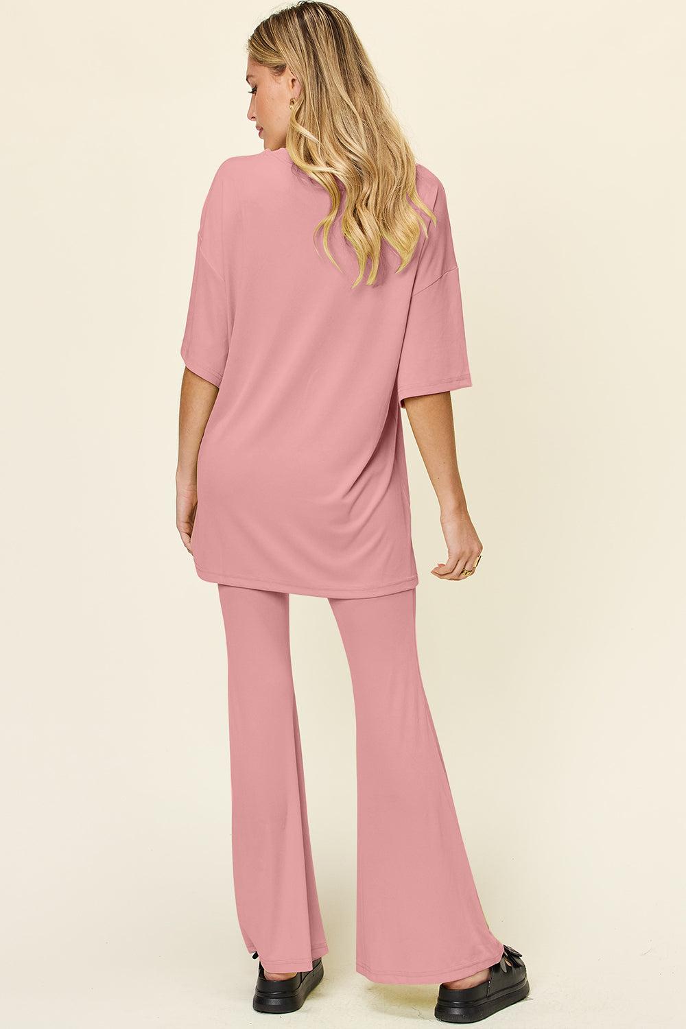 Round Neck Drop Shoulder T-Shirt and Flare Pants Set