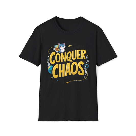 Men's Tee Conquer Chaos Travel Vacations Short Sleeves Casual Regular Fit Cottagecore Funny Cat T-Shirt