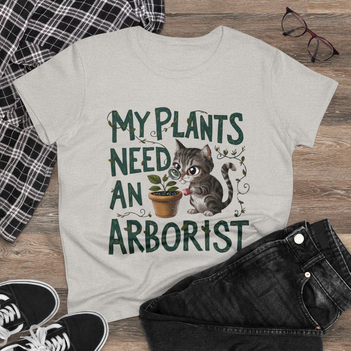 Womens T-Shirt My Plant Need Arborists Nature Shirts Tops Short Sleeve Regular Fit Cotton Funny Cat Tees