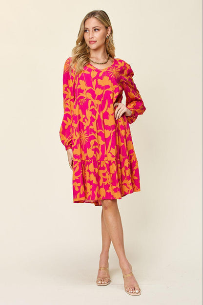 Printed Dress Long Ruffle Sleeve Dress Tiered Mini Dress with Pockets