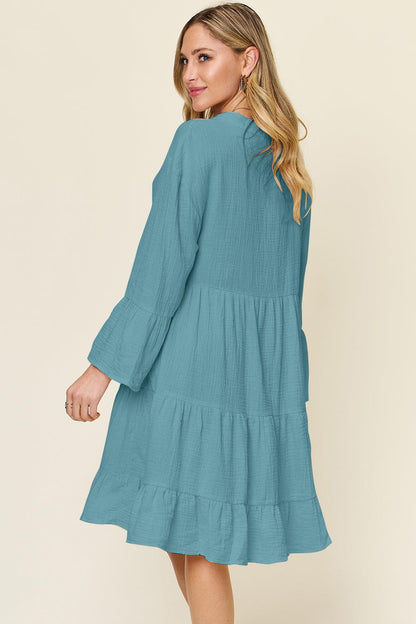 Texture Button Up Ruffle Hem Dress