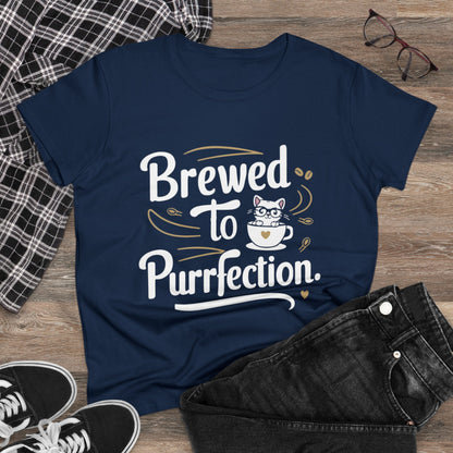 Womens Tees Brewed To Purrfection Coffee Lover Shirts Tops Short Sleeve Regular Fit Crew Neck Cotton Funny Cat T-Shirt