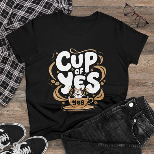 Women Tees Cup of Yes Coffee Lover Shirts Tops Short Sleeve Regular Fit Cotton Funny Cat T-Shirt