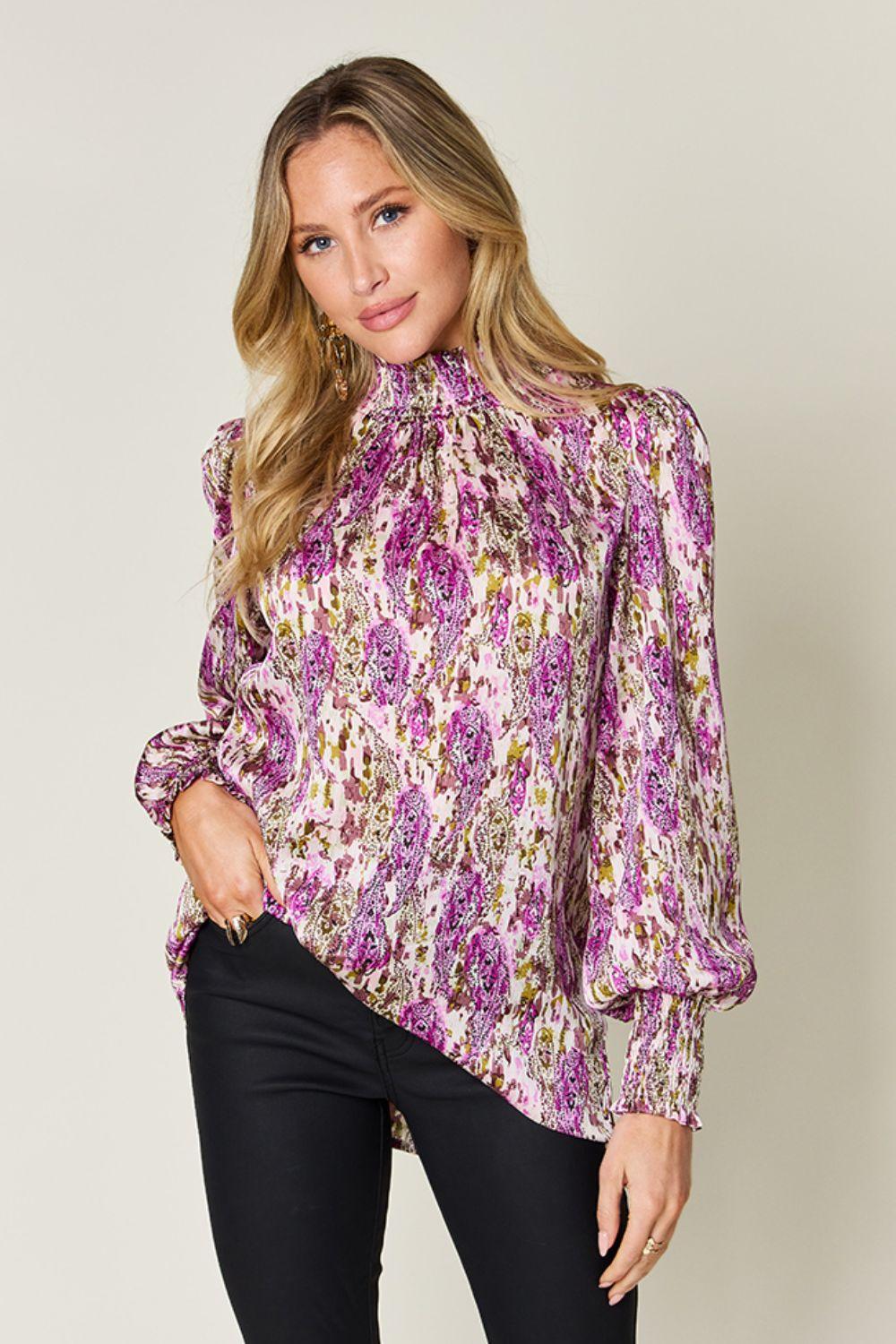 Printed Smocked Long Sleeve Blouse