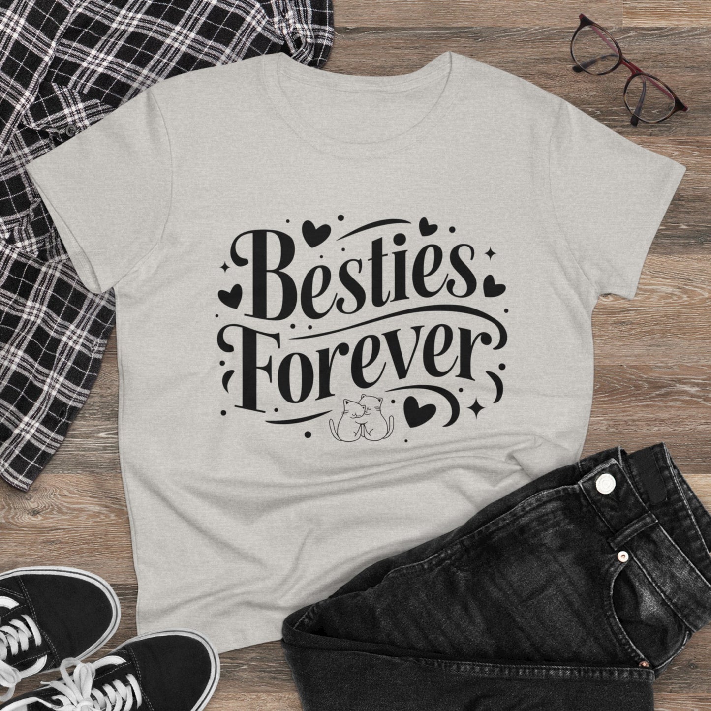 Womens Tees Besties Forever Cat Best Friend Shirt Tops Short Sleeve Regular Fit Cotton Funny Cat Graphic Tshirts