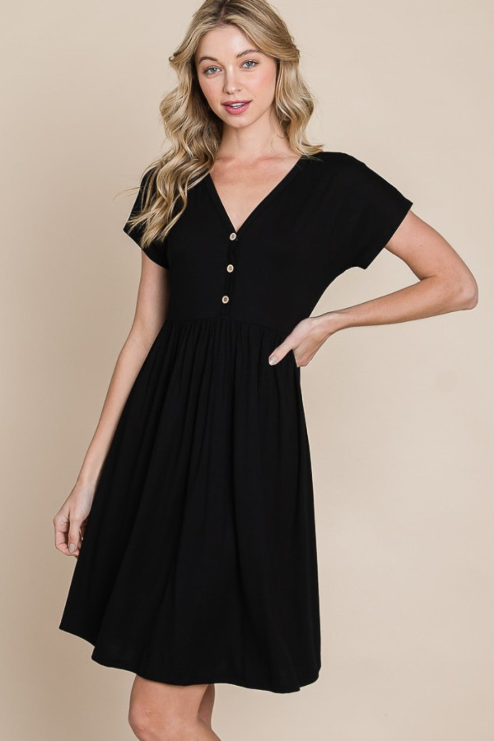 Button V Neck Short Sleeve Dress