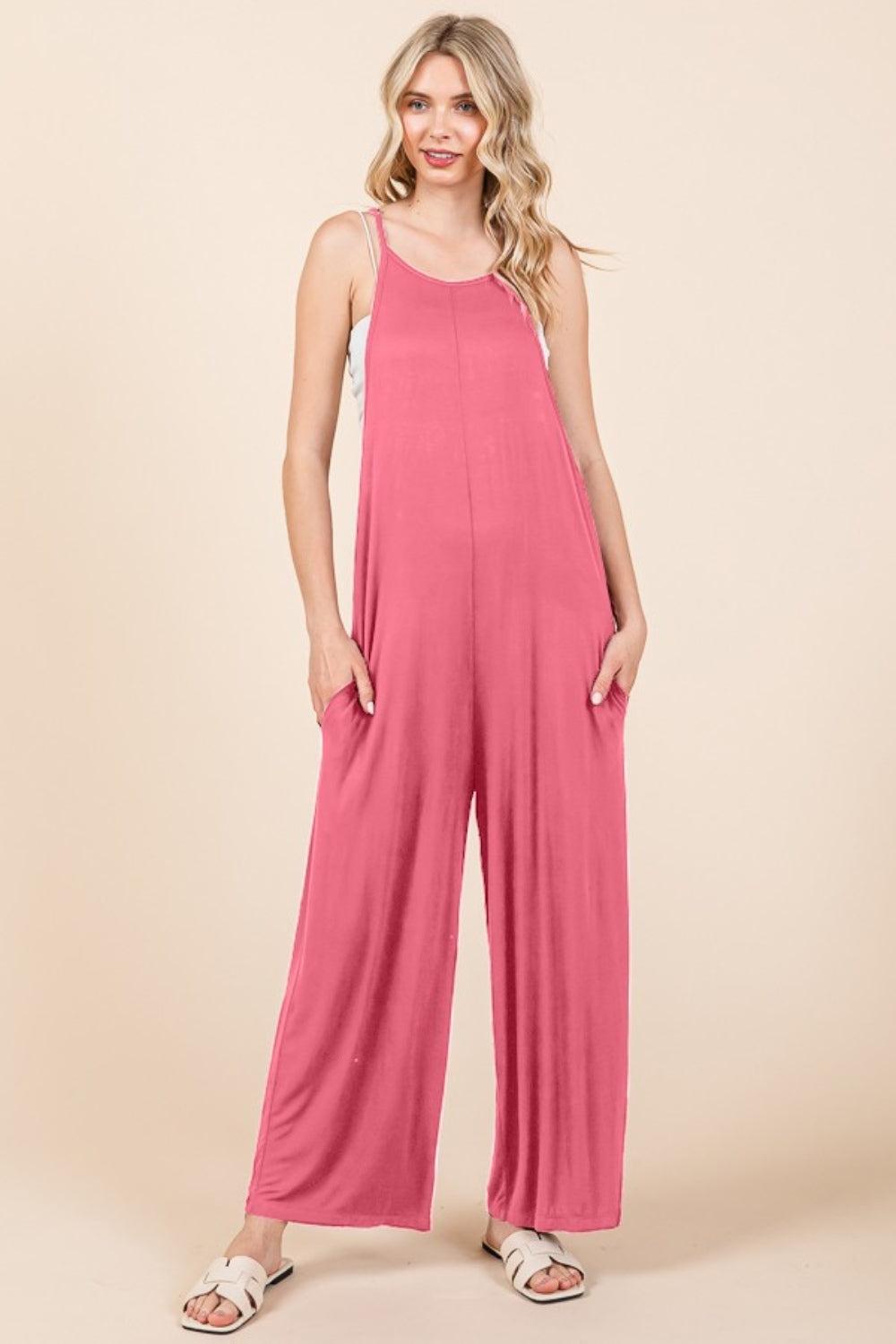 Sleeveless Wide Leg Jumpsuit with Pockets In Pink