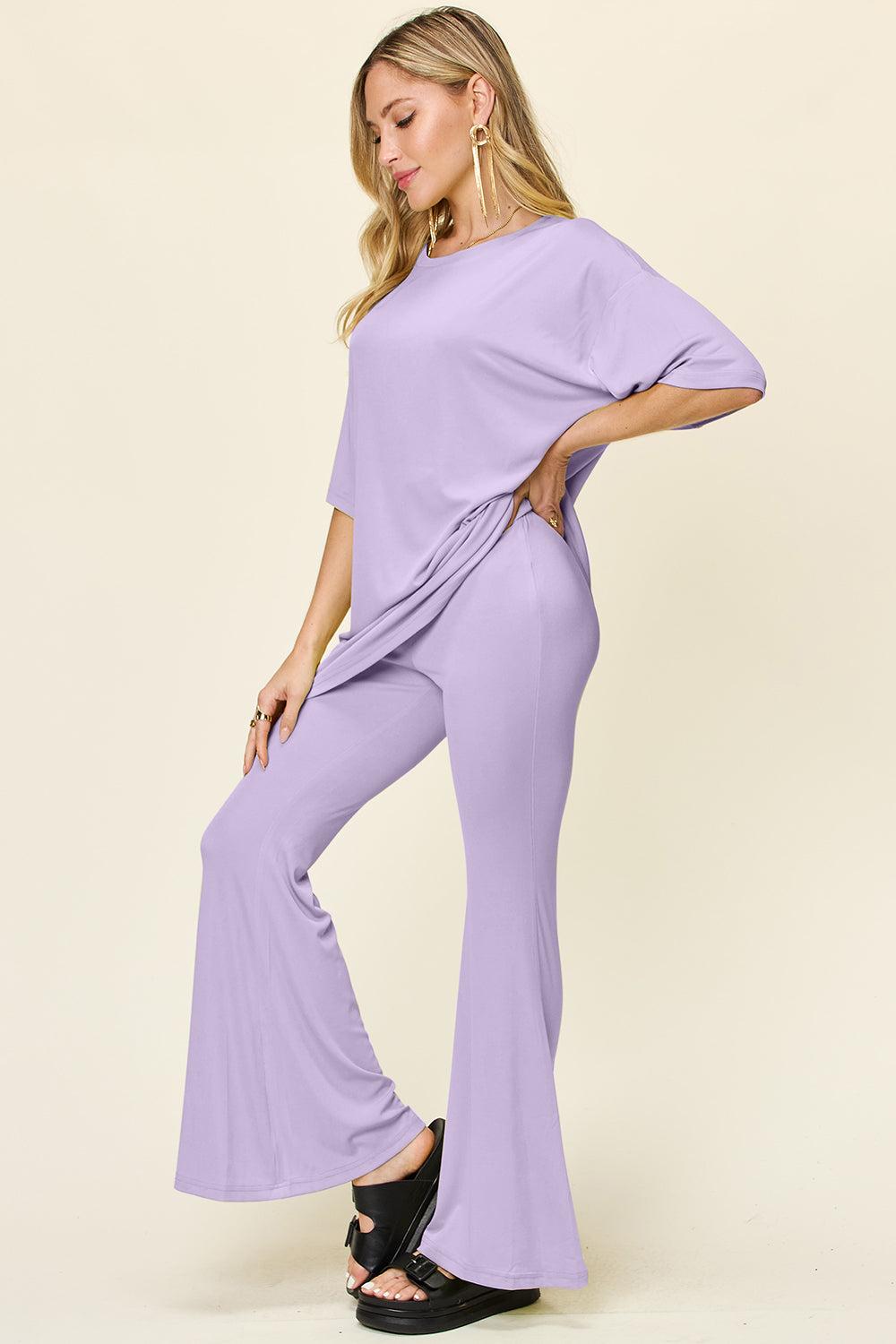 Round Neck Drop Shoulder T-Shirt and Flare Pants Set