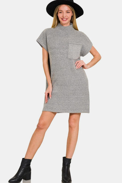 Short Sleeve Sweater Mini Dress In Grey