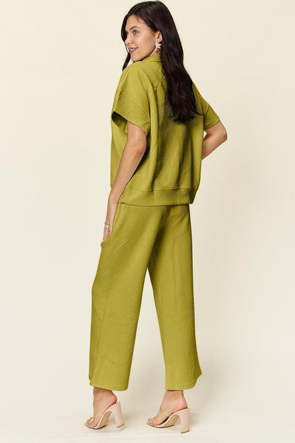 Texture Half Zip Short Sleeve Top and Pants Set