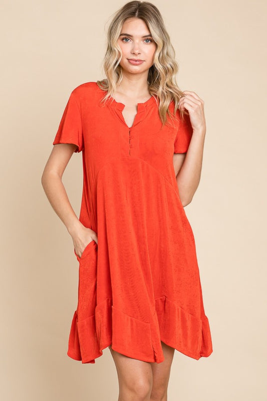 Notched Short Sleeve Dress with Pocket