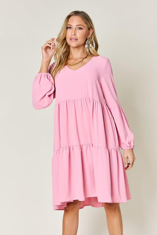 V-neck Dress with fluffy Balloon Sleeves with Pockets