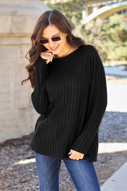 Round Neck Long Sleeve  Ribbed Knit Pullover