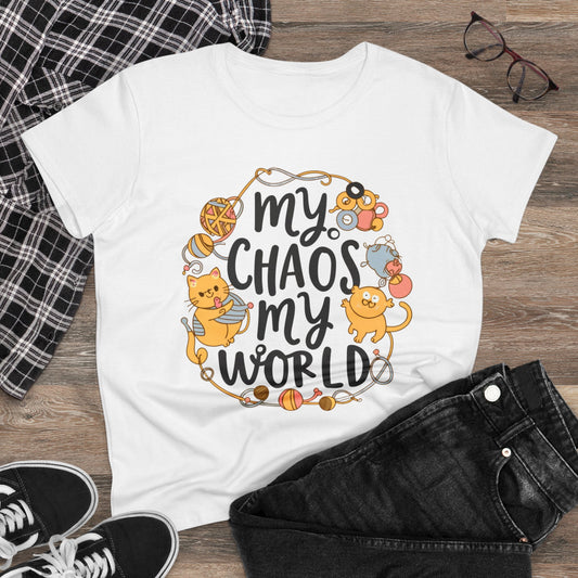 Womens Tee My Chaos My World Cat Mom T-Shirt Tops Short Sleeve Regular Fit Cottagecore Funny Cat Graphic Shirts