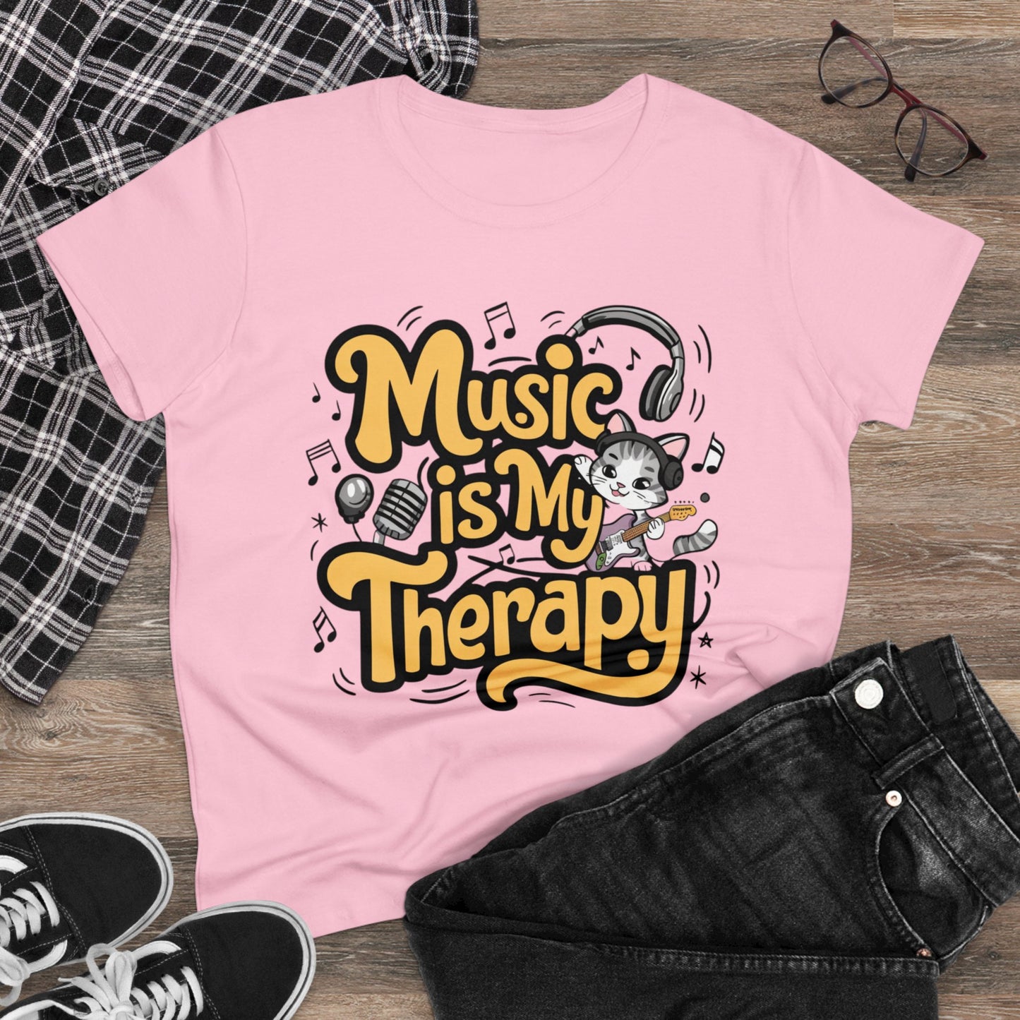 Womens Tees Music Is My Therapy Cat Rock Music Shirts Tops Short Sleeve Regular Fit Cotton Funny Cat Tshirts