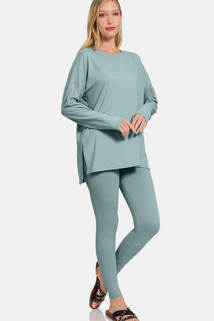 Brushed Microfiber Top and Leggings Set in Blue Grey