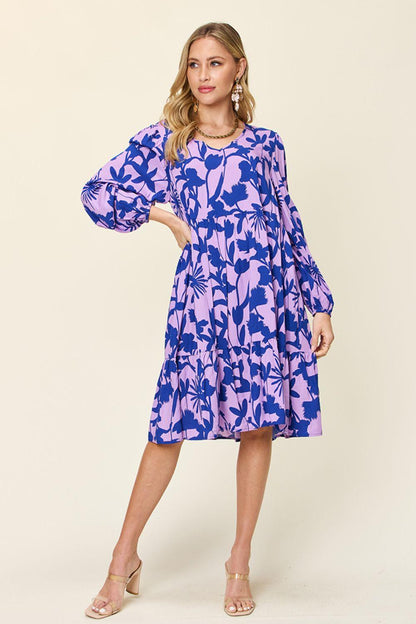 Printed Dress Long Ruffle Sleeve Dress Tiered Mini Dress with Pockets