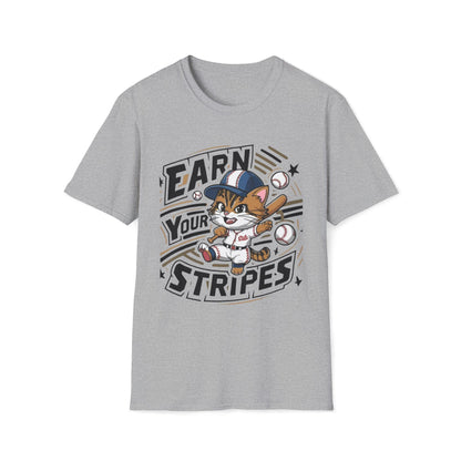 Men's tee Earn Your Stripe Baseball Player Short Sleeves Casual Regular Fit Cotton Funny Cat Baseball Tee