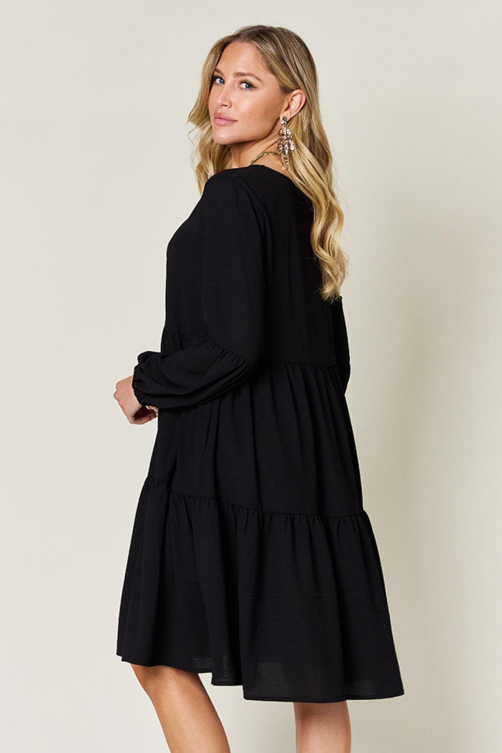 V-neck Dress with fluffy Balloon Sleeves with Pockets