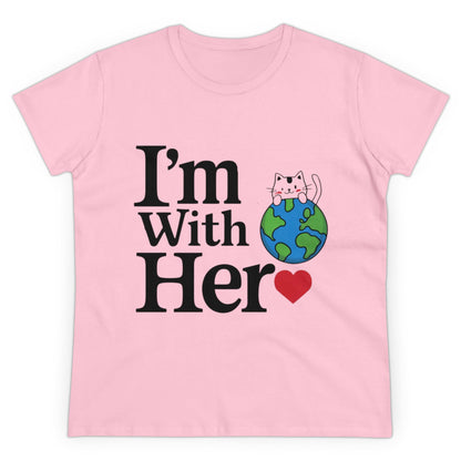 Womens T-Shirt I am With Her Planet Earth Shirts Tops Short Sleeve Regular Fit Cotton Funny Cat Tees