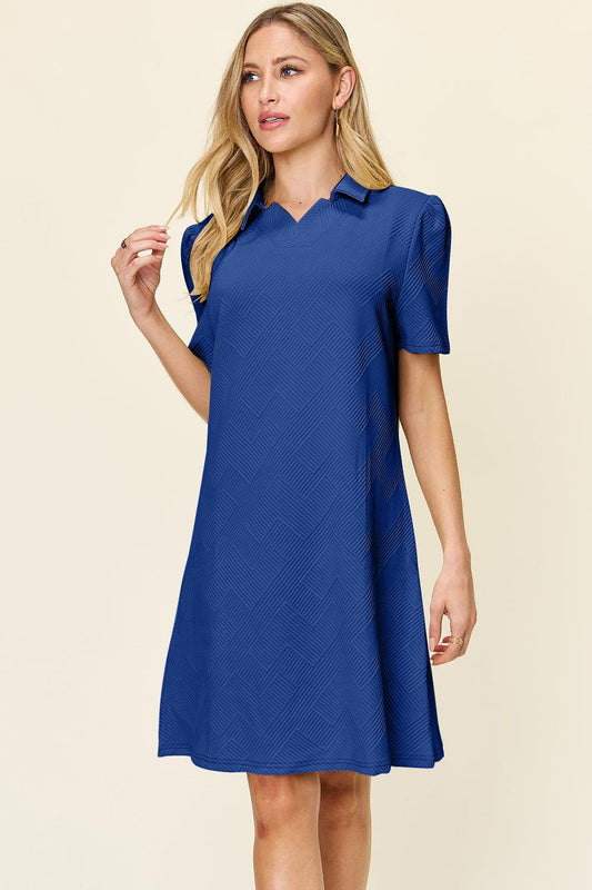 Casual Collared V Neck Short Sleeve Dress