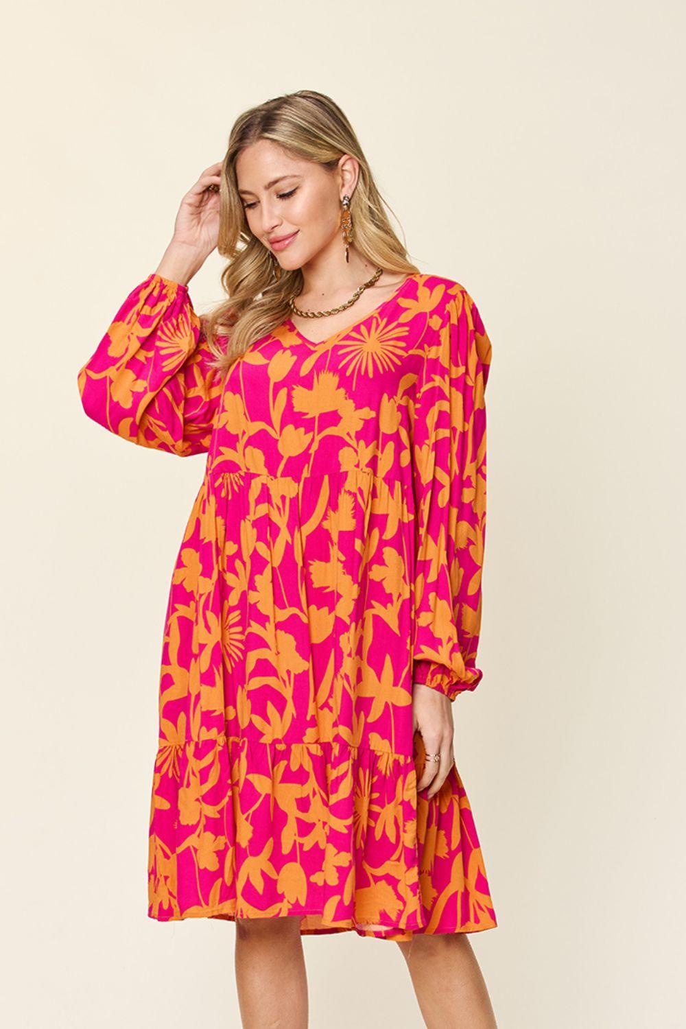 Printed Dress Long Ruffle Sleeve Dress Tiered Mini Dress with Pockets