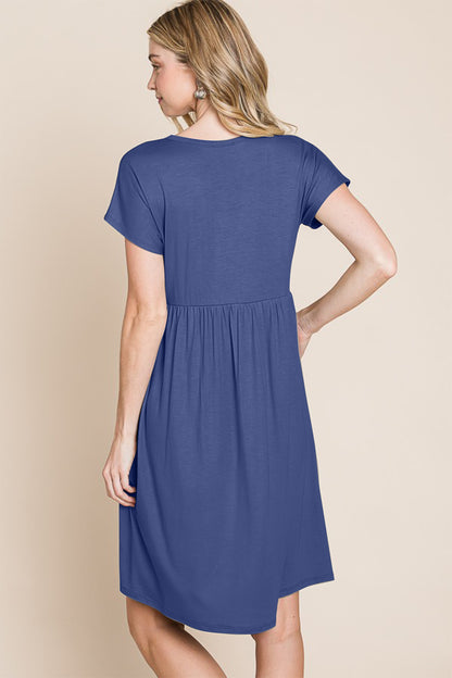 Button V Neck Short Sleeve Dress In Blue