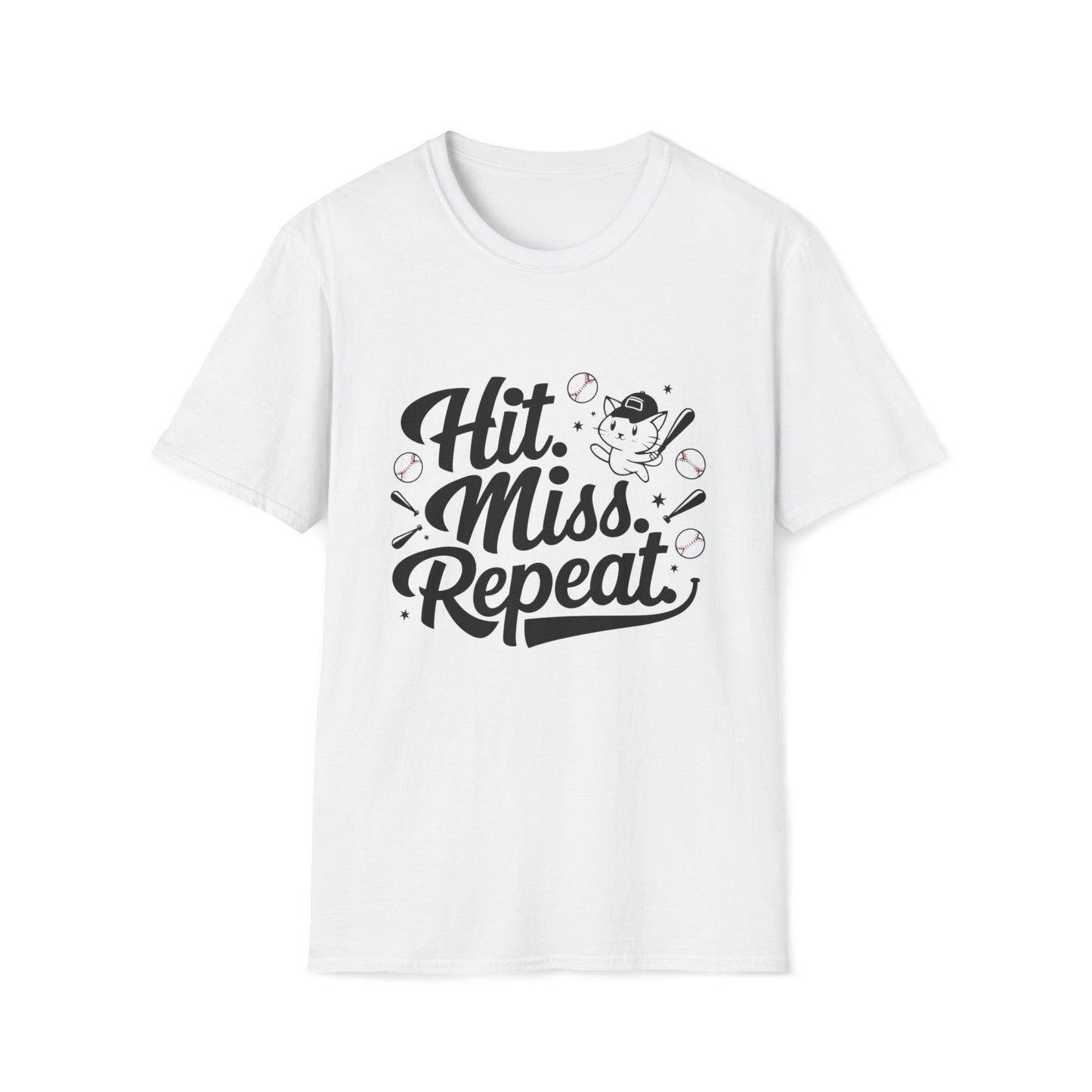 Men's Tee Hit Miss Repeat Baseball Player Short Sleeves Casual Regular Fit Cotton Funny Cat Baseball Tee