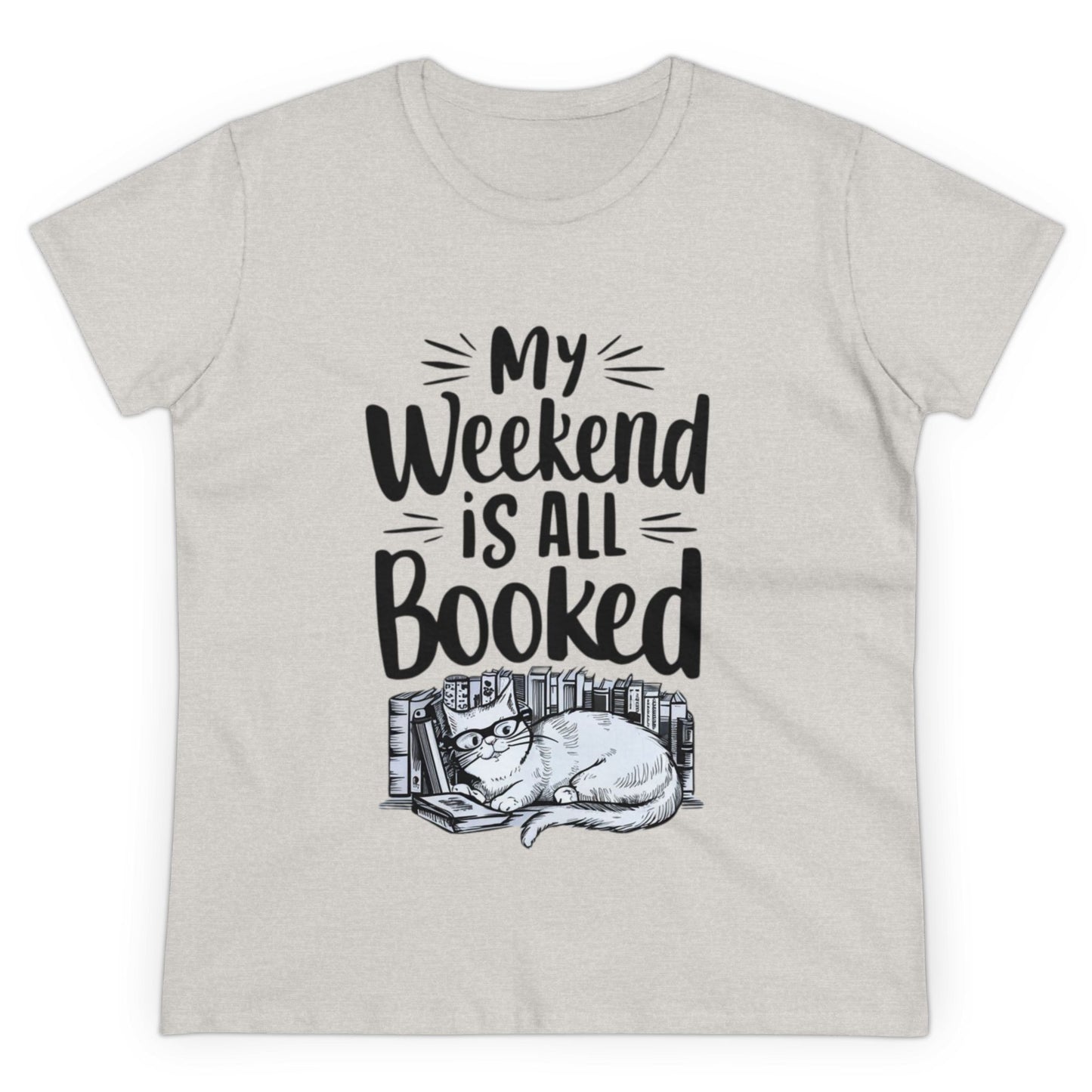 Womens Tee My Weekend Is All Booked  Book Lover Shirts Tops Short Sleeve Regular Fit Cotton Funny Cat T-Shirt