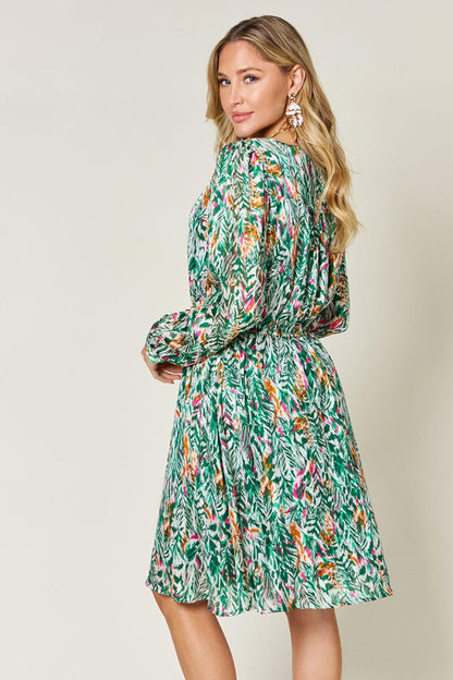 Printed Drawstring Waist Long Sleeve Dress