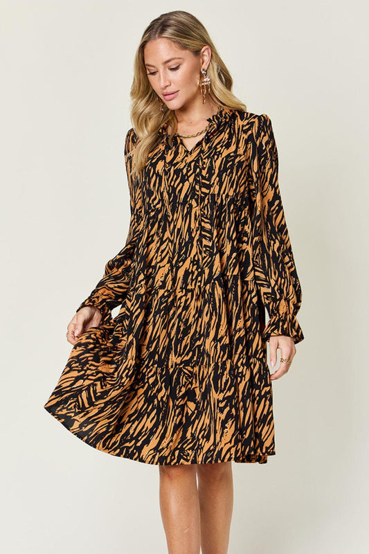 Printed Ruffle Hem Long Sleeve Dress