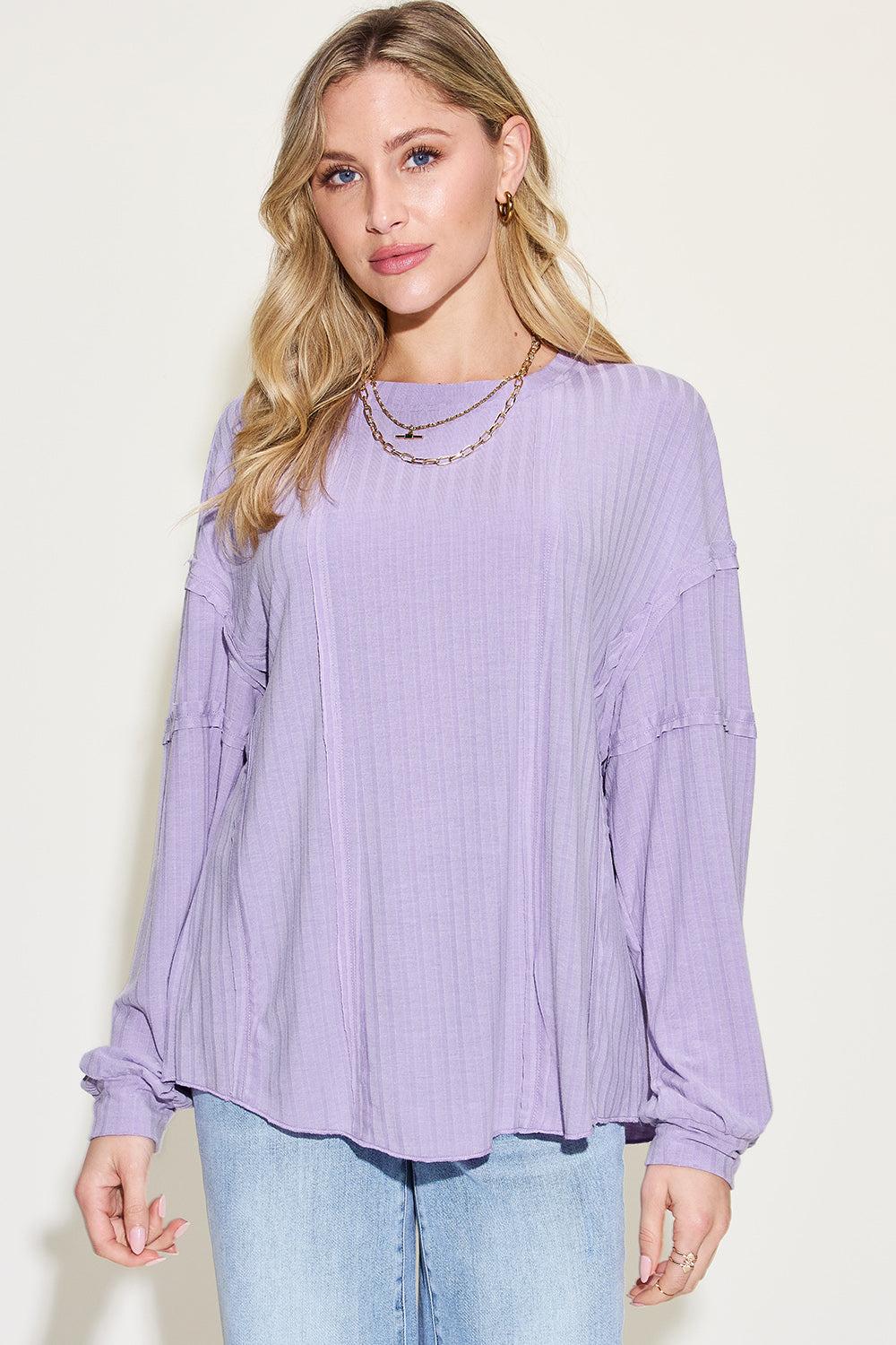 Ribbed Round Neck Long Sleeve T-Shirt