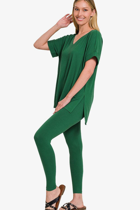 Rolled short sleeve t-shirt and leggings lounge set In Dark Green