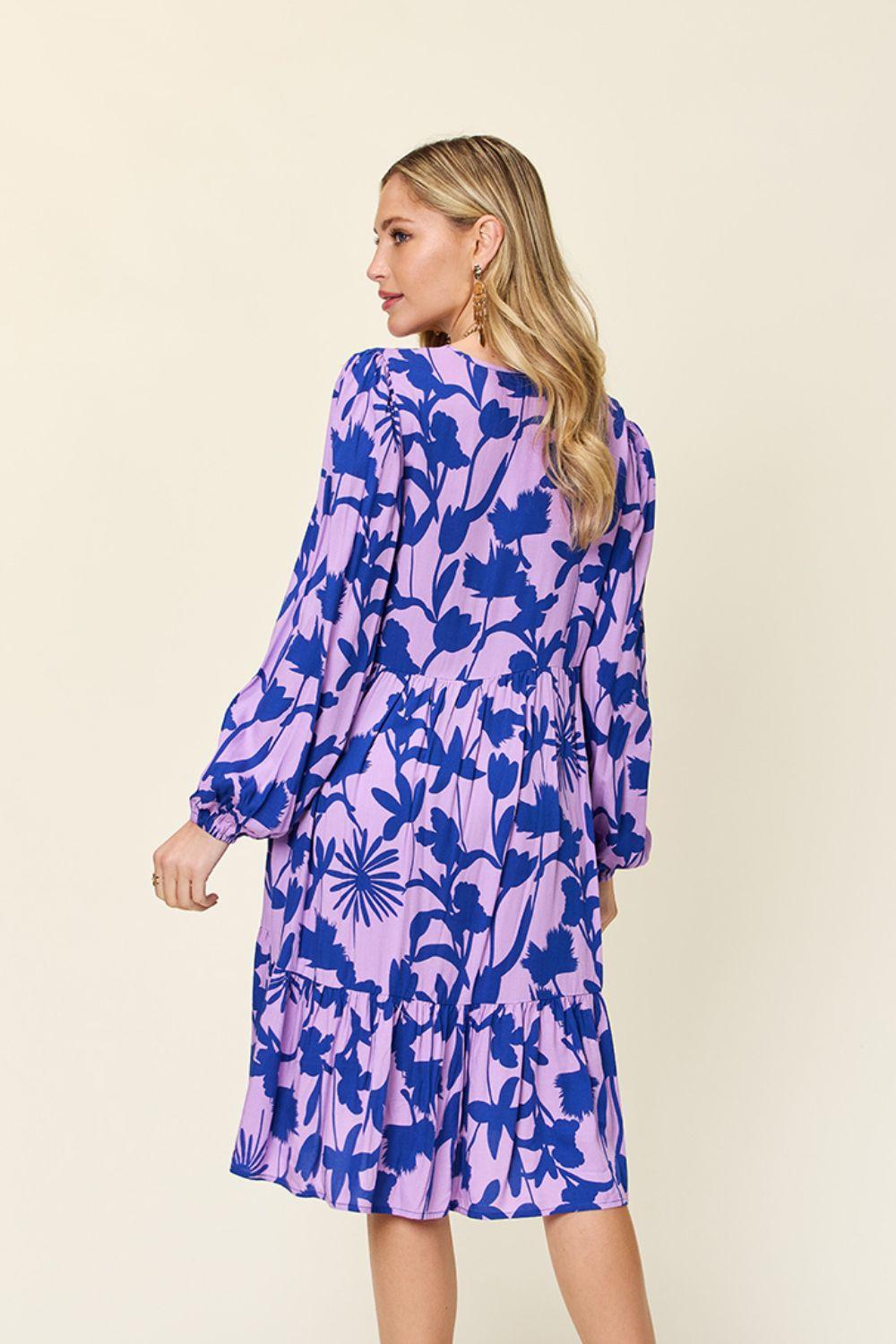 Printed Dress Long Ruffle Sleeve Dress Tiered Mini Dress with Pockets