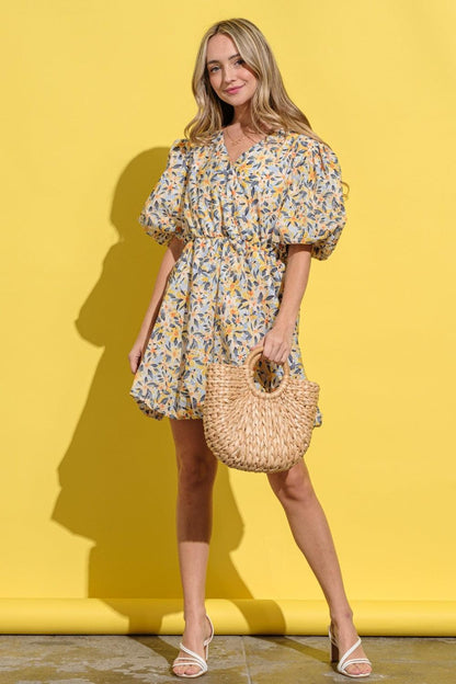 Floral Surplice Puff Sleeve Dress.