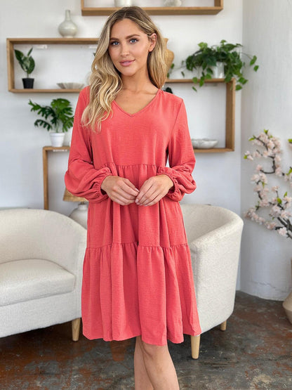 V-neck Dress with fluffy Balloon Sleeves with Pockets