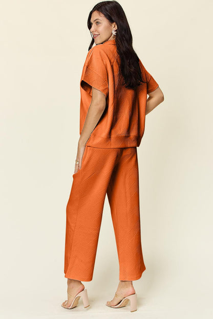 Texture Half Zip Short Sleeve Top and Pants Set