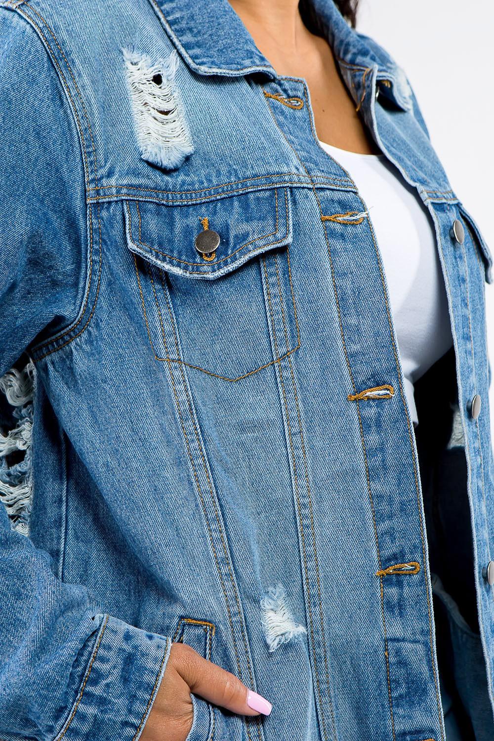 Button Up Distressed Ripped Denim Jacket