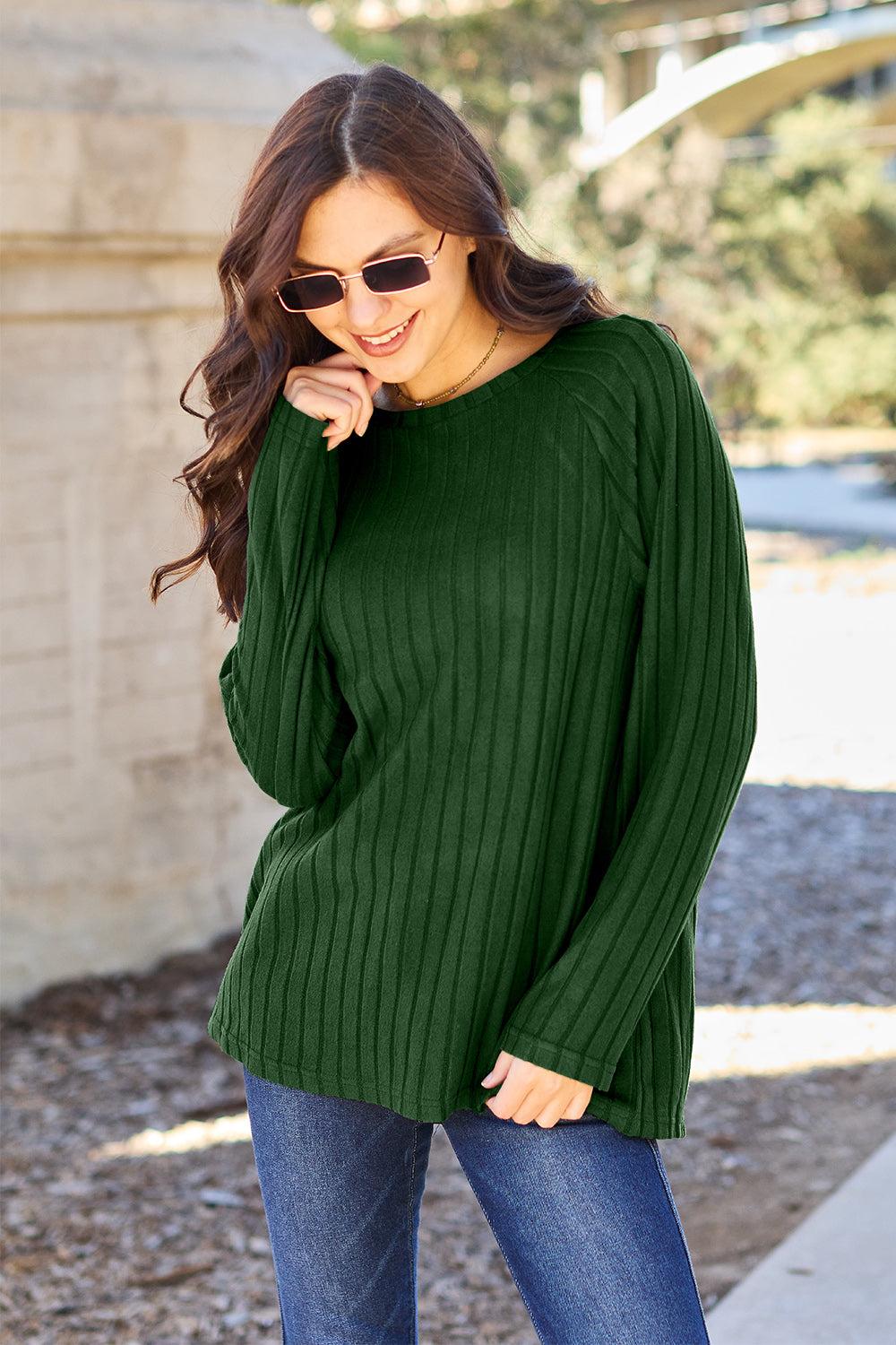 Round Neck Long Sleeve  Ribbed Knit Pullover