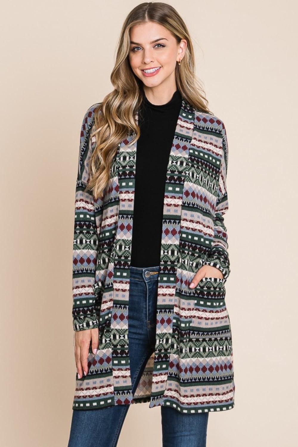 Geometric Open Front Long Sleeve Cardigan with Pockets