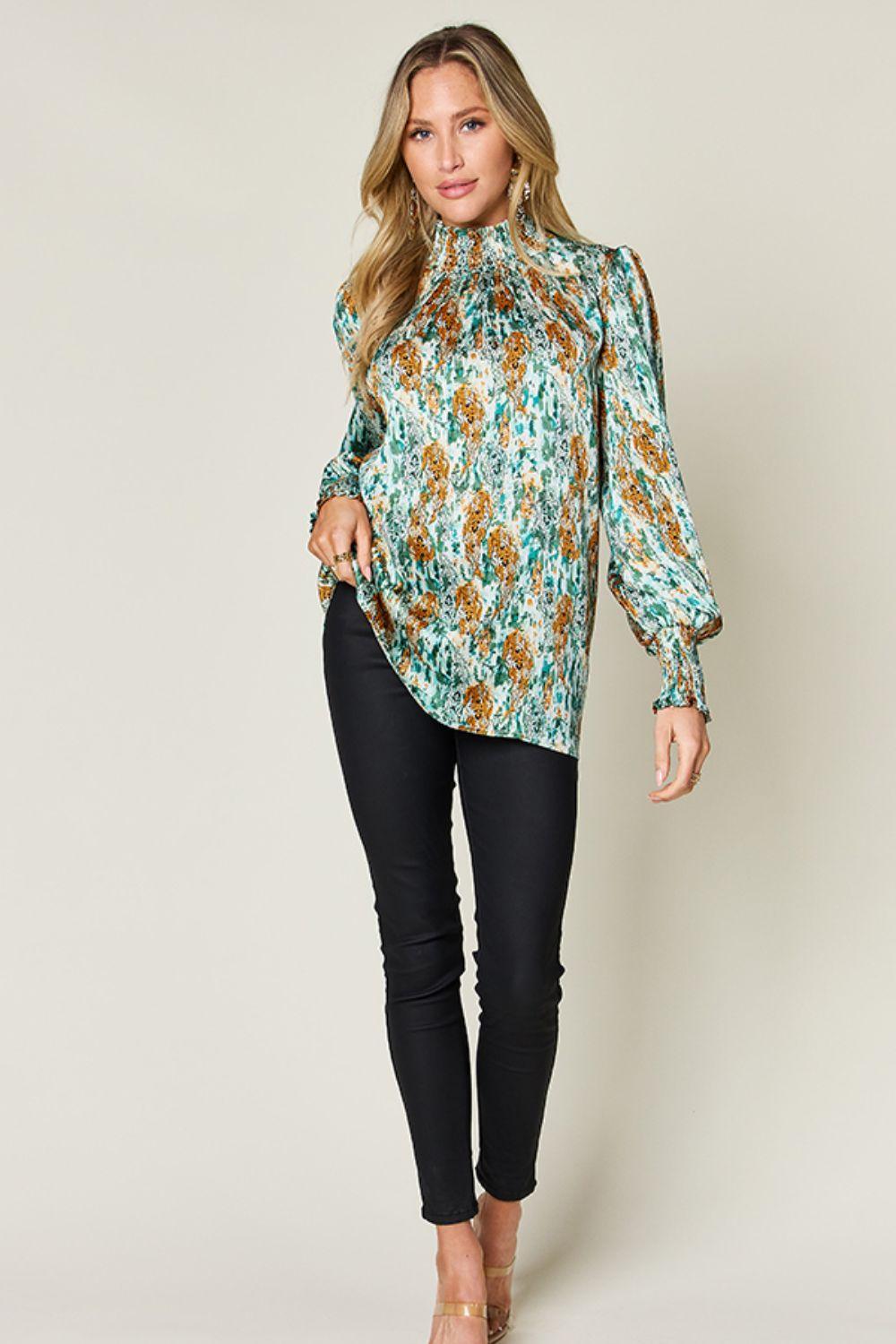 Printed Smocked Long Sleeve Blouse