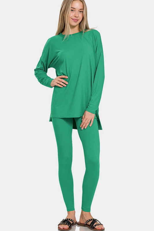 Brushed Microfiber Top and Leggings Set in K Green