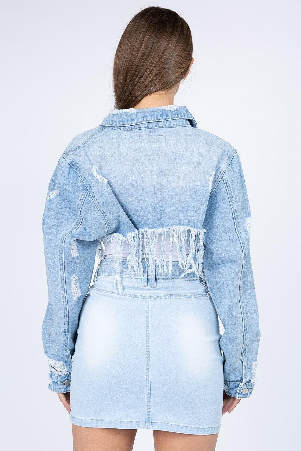 Distressed Denim Jacket with a Frayed hems